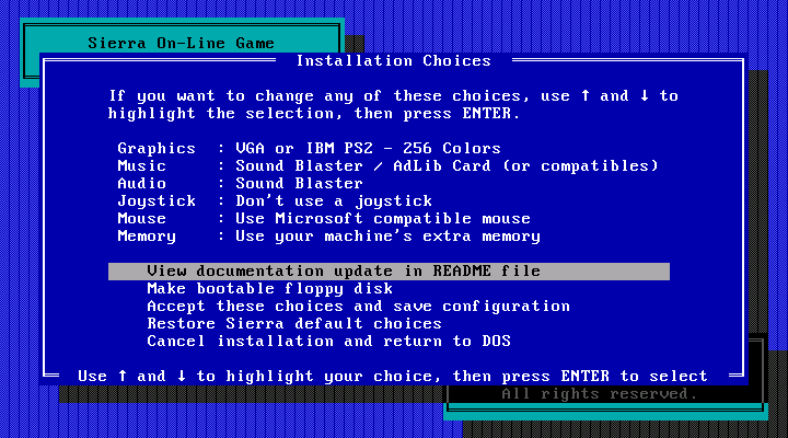 Space Quest V: The Next Mutation IBM PC/Compatibles Screenshot: The main setup menu.