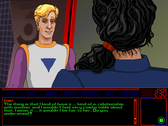 Space Quest 6: Roger Wilco in the Spinal Frontier IBM PC/Compatibles Screenshot: Roger tries to explain...