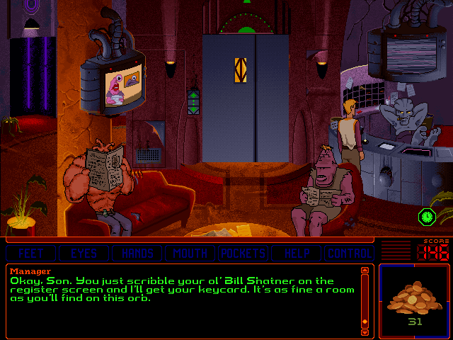 Space Quest 6: Roger Wilco in the Spinal Frontier IBM PC/Compatibles Screenshot: Trying to get a room at the hotel...