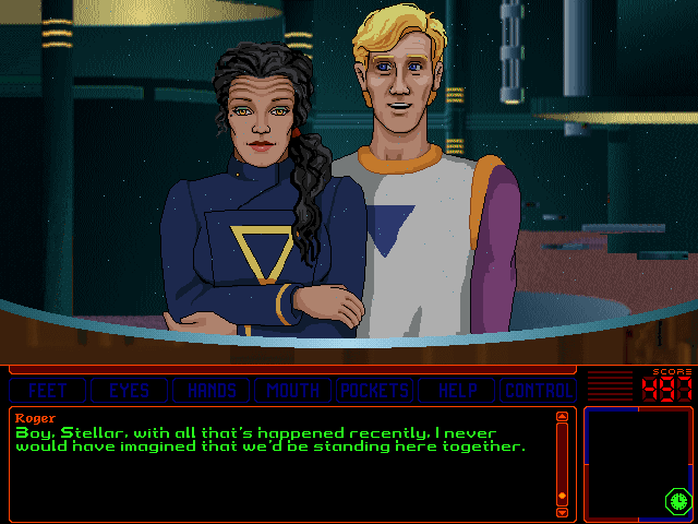 Space Quest 6: Roger Wilco in the Spinal Frontier IBM PC/Compatibles Screenshot: Our hero, Roger, and Stellar.