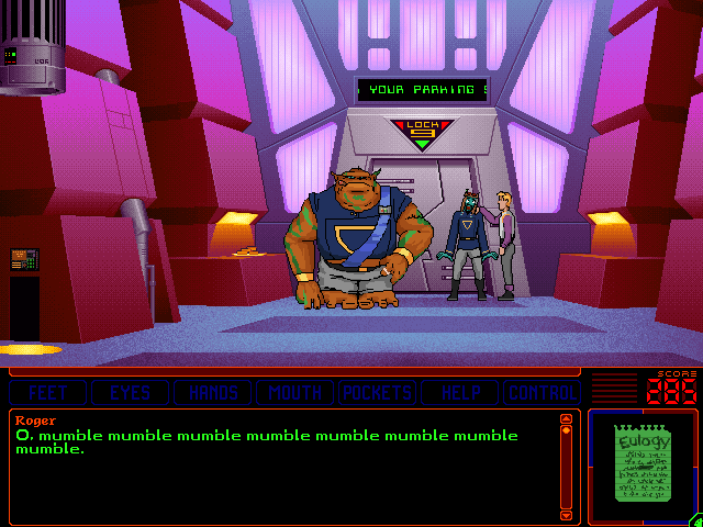 Space Quest 6: Roger Wilco in the Spinal Frontier IBM PC/Compatibles Screenshot: Trying to take out the guards...