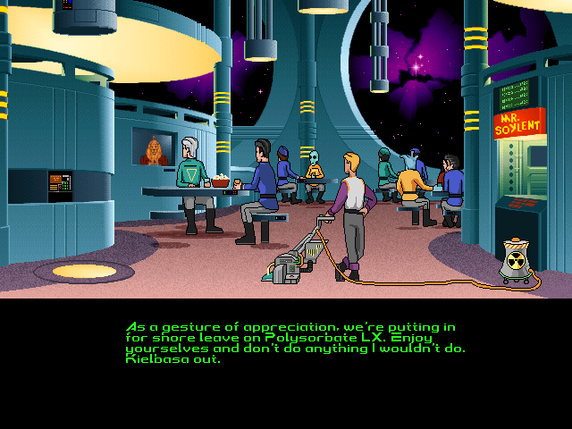 Space Quest 6: Roger Wilco in the Spinal Frontier IBM PC/Compatibles Screenshot: The game begins with some shore leave on Polysorbate LX.