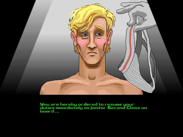 Space Quest 6: Roger Wilco in the Spinal Frontier IBM PC/Compatibles Screenshot: Beginning the game as a janitor again...