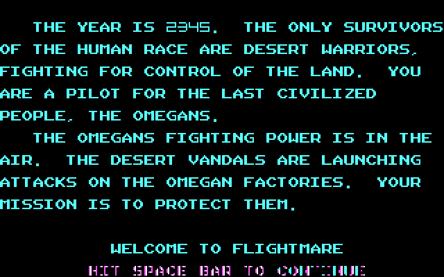 Flightmare IBM PC/Compatibles Screenshot: Story introduction.