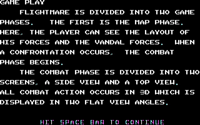 Flightmare IBM PC/Compatibles Screenshot: Here's part of the gameplay instructions.