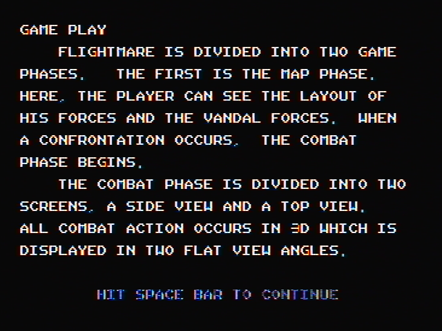 Flightmare IBM PC/Compatibles Screenshot: Part of the gameplay instructions.