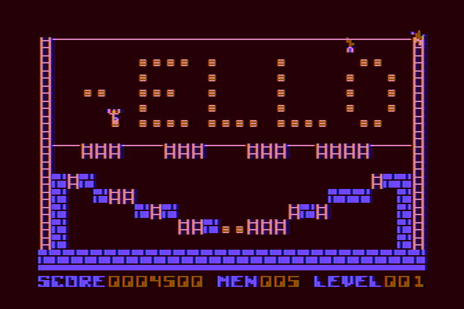Championship Lode Runner Atari 8-bit Screenshot: Collecting gold while falling...