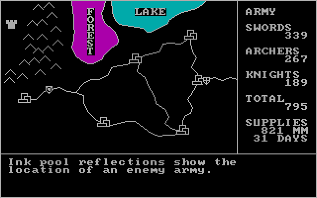 Wizard War IBM PC/Compatibles Screenshot: Ink pool reflections show the location of an enemy army...