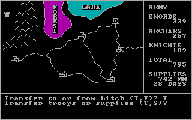 Wizard War IBM PC/Compatibles Screenshot: Arrived at a city, transfer any troops or supplies?