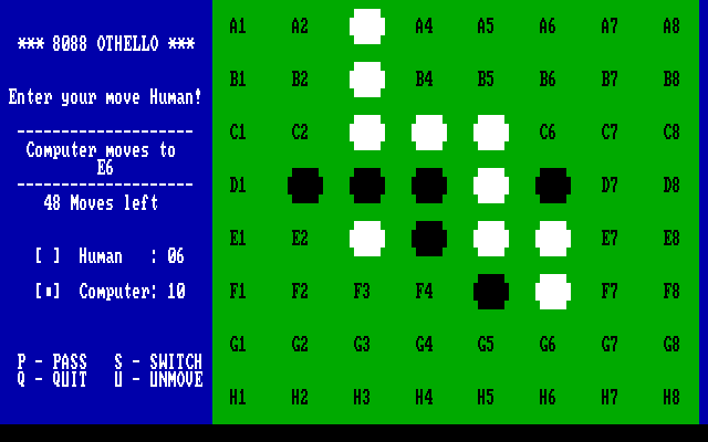 8088 Othello IBM PC/Compatibles Screenshot: Gameplay; enter your move, human!