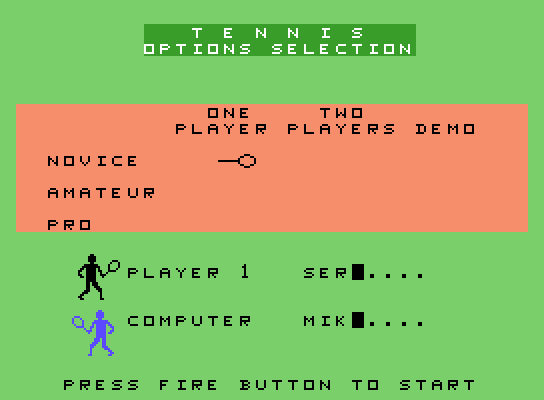 Tournament Tennis ColecoVision Screenshot: Press fire to begin!