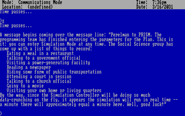 A Mind Forever Voyaging IBM PC/Compatibles Screenshot: Simulation mode is now available to you.