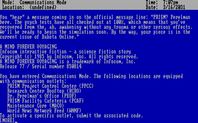 A Mind Forever Voyaging IBM PC/Compatibles Screenshot: The game begins...