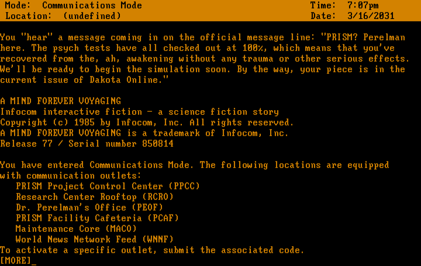 A Mind Forever Voyaging IBM PC/Compatibles Screenshot: The game begins...