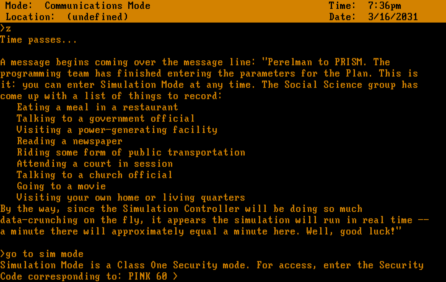 A Mind Forever Voyaging IBM PC/Compatibles Screenshot: Entering sim mode...