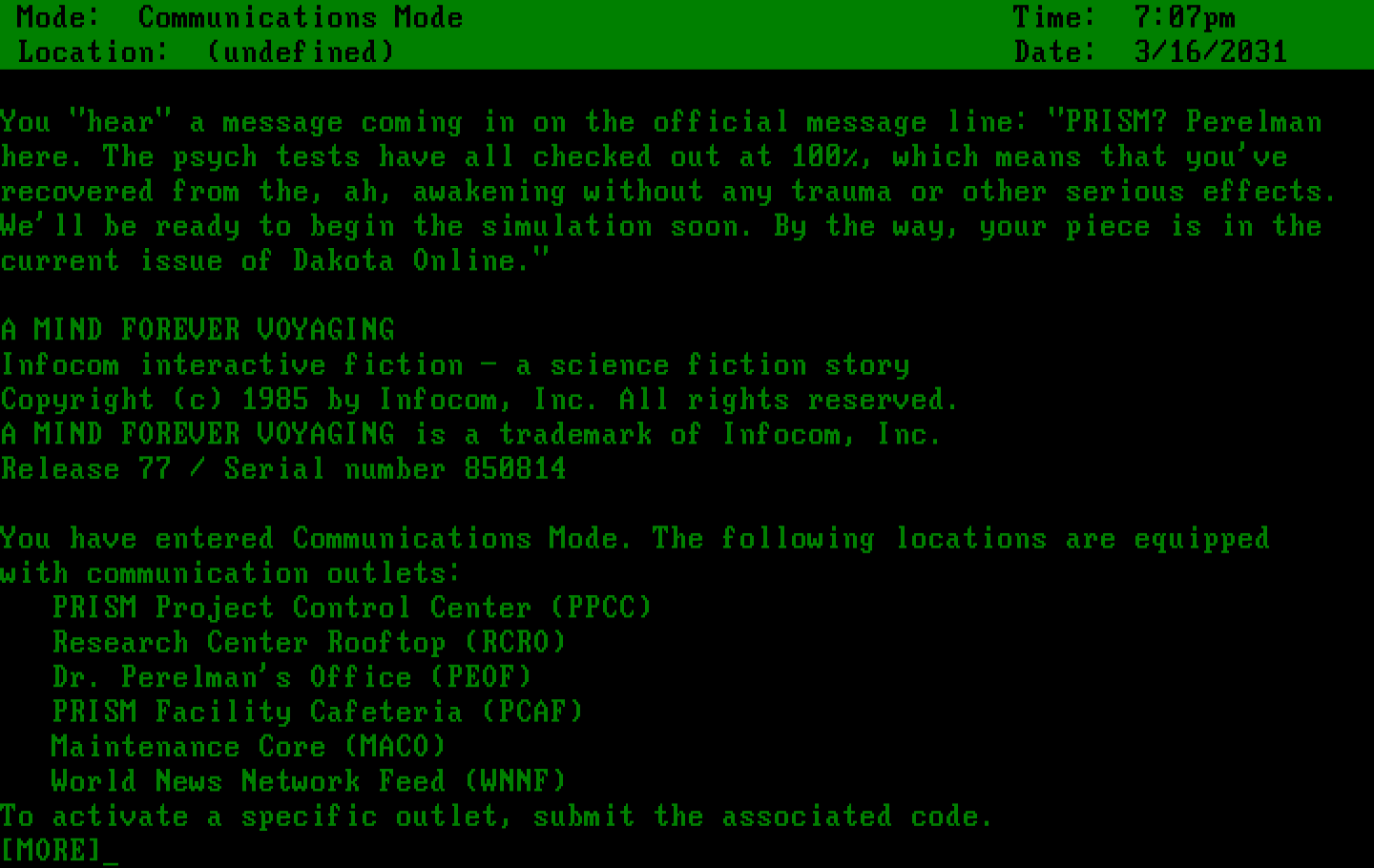 A Mind Forever Voyaging IBM PC/Compatibles Screenshot: The game begins...