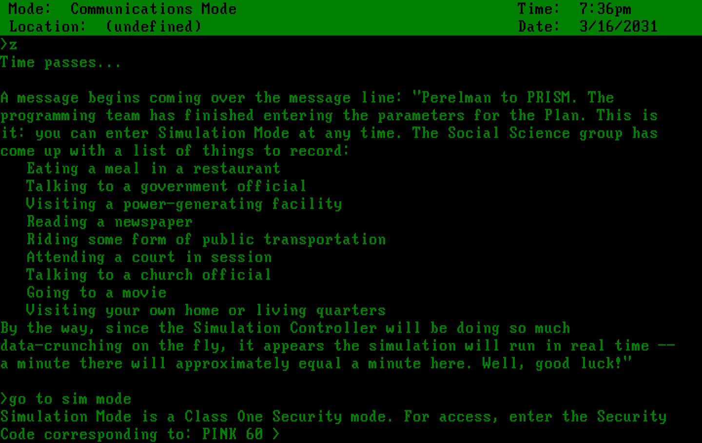 A Mind Forever Voyaging IBM PC/Compatibles Screenshot: Entering sim mode...