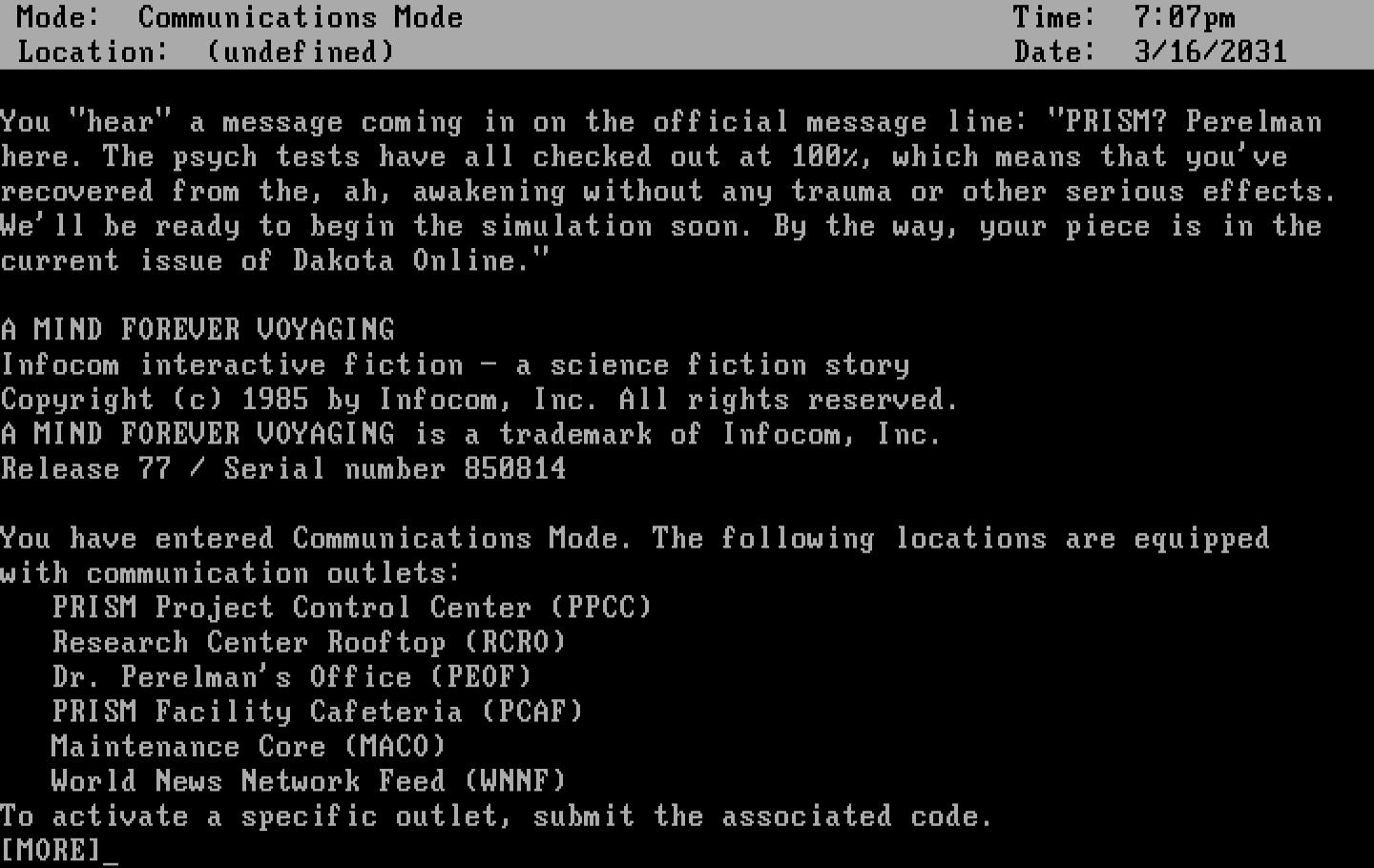A Mind Forever Voyaging IBM PC/Compatibles Screenshot: The game begins...