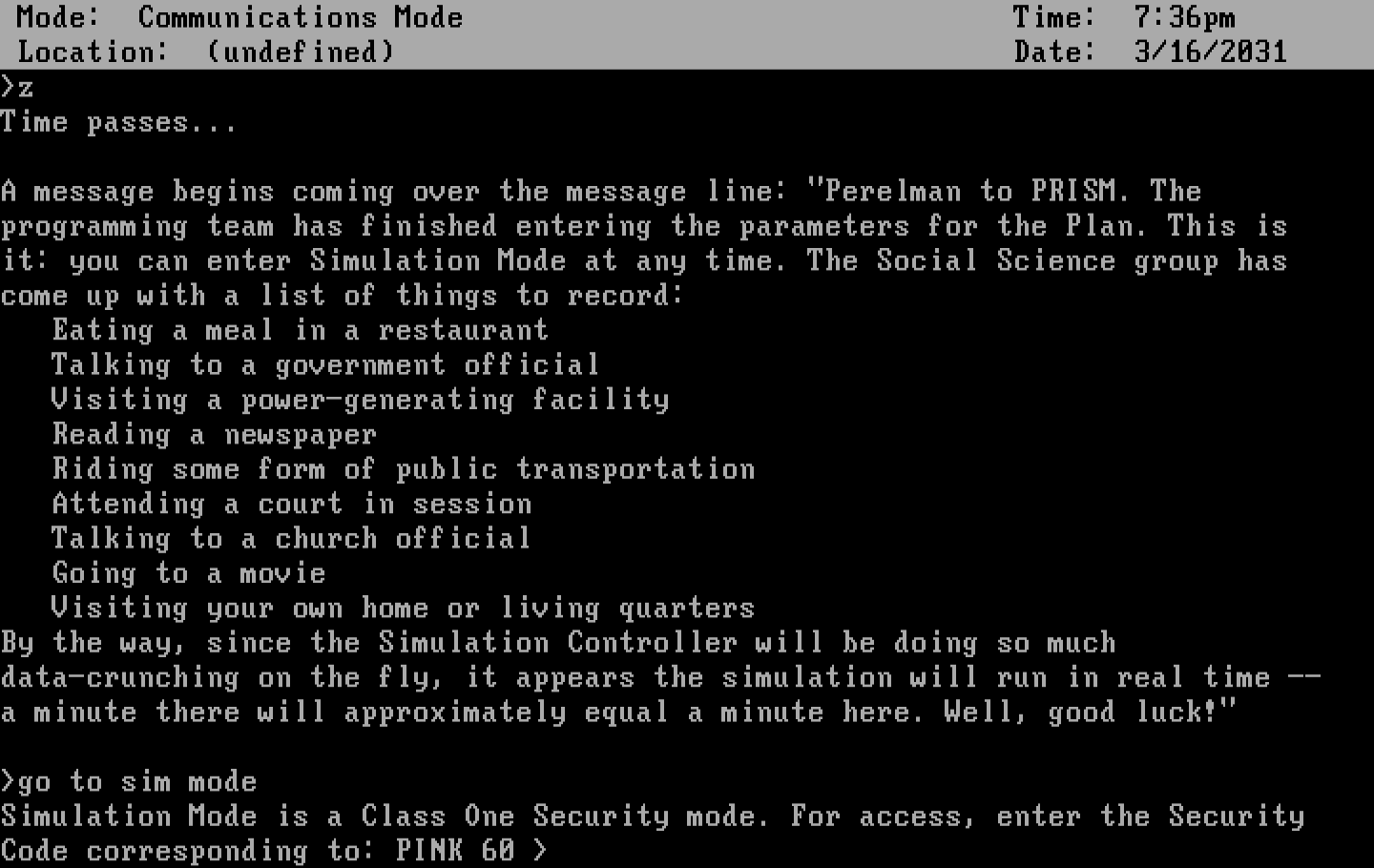 A Mind Forever Voyaging IBM PC/Compatibles Screenshot: Entering sim mode...