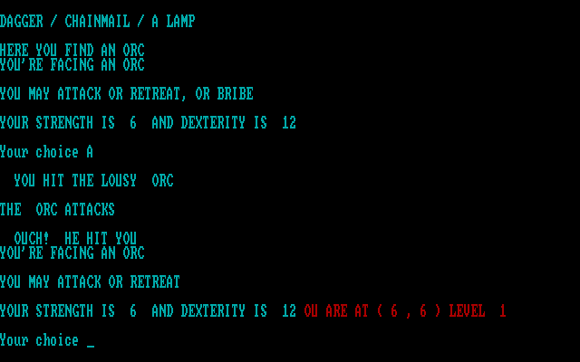 Amulet of Yendor IBM PC/Compatibles Screenshot: Fighting an orc.