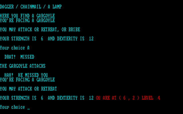 Amulet of Yendor IBM PC/Compatibles Screenshot: A gargoyle attacks, but misses!
