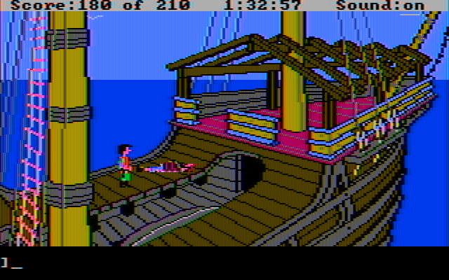 King's Quest III: To Heir is Human IBM PC/Compatibles Screenshot: The pirates are asleep, time to escape!