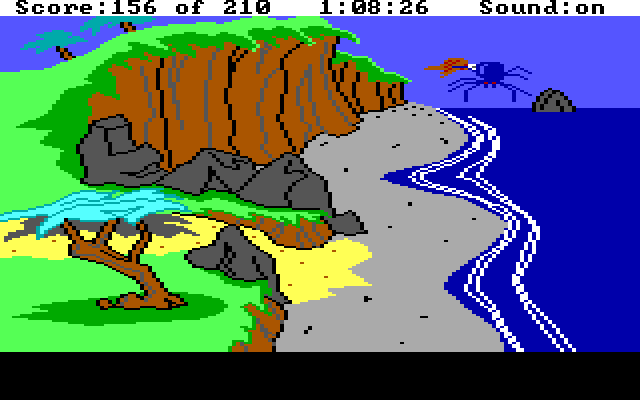 King's Quest III: To Heir is Human IBM PC/Compatibles Screenshot: Transformed into an eagle, carrying a large spider out to sea...