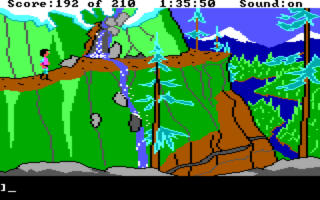 King's Quest III: To Heir is Human IBM PC/Compatibles Screenshot: A lovely waterfall! Which way would you go now?