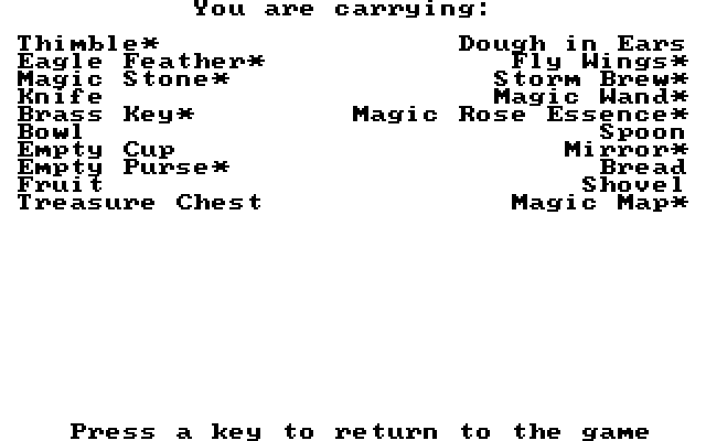 King's Quest III: To Heir is Human IBM PC/Compatibles Screenshot: Inventory; The items with a * are trouble if you get caught with them!