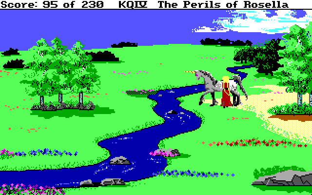 King's Quest IV: The Perils of Rosella IBM PC/Compatibles Screenshot: A unicorn is here, maybe he can help me...