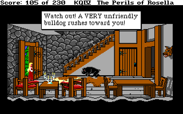 King's Quest IV: The Perils of Rosella IBM PC/Compatibles Screenshot: A dog attacks inside the ogres house.