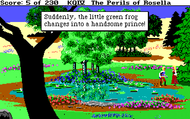 King's Quest IV: The Perils of Rosella IBM PC/Compatibles Screenshot: Examining a pond...and found a prince!
