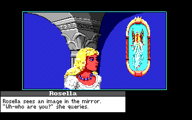 King's Quest IV: The Perils of Rosella IBM PC/Compatibles Screenshot: Rosella looks like the magic mirror...