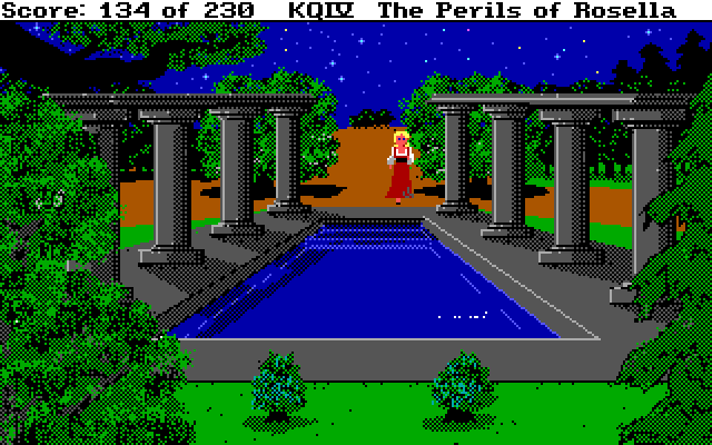 King's Quest IV: The Perils of Rosella IBM PC/Compatibles Screenshot: Cupid only is around this pond during the day.