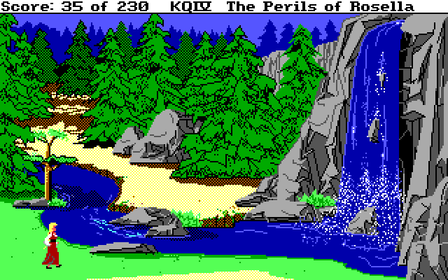 King's Quest IV: The Perils of Rosella IBM PC/Compatibles Screenshot: I wonder if anything is hidden behind this waterfall?