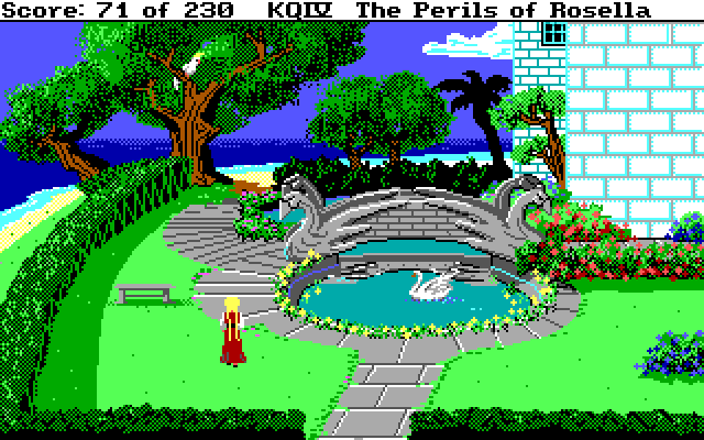 King's Quest IV: The Perils of Rosella IBM PC/Compatibles Screenshot: Looks like a swan swimming in the pond...