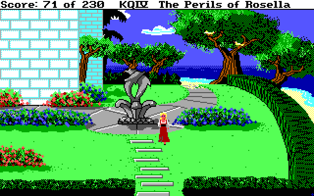 King's Quest IV: The Perils of Rosella IBM PC/Compatibles Screenshot: Exploring some castle grounds.