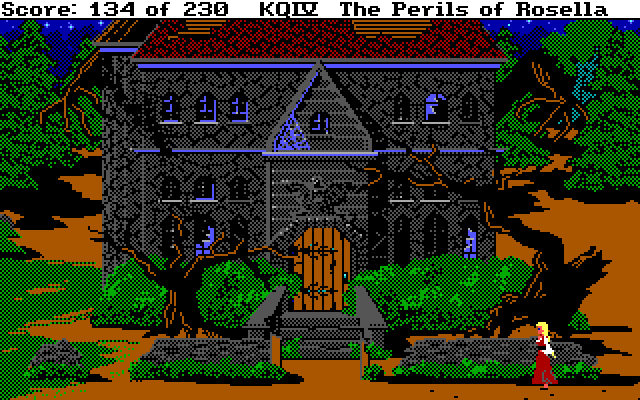 King's Quest IV: The Perils of Rosella IBM PC/Compatibles Screenshot: The haunted house at night.