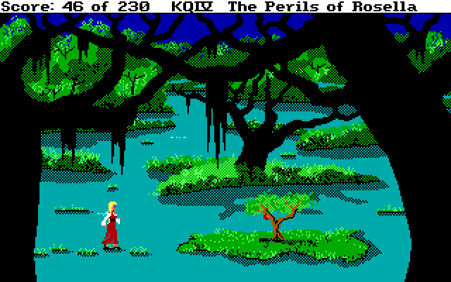 King's Quest IV: The Perils of Rosella IBM PC/Compatibles Screenshot: Take care not to sink into the swamp.
