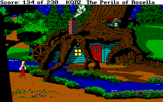 King's Quest IV: The Perils of Rosella IBM PC/Compatibles Screenshot: The game switches between day and night; here's a house at night.