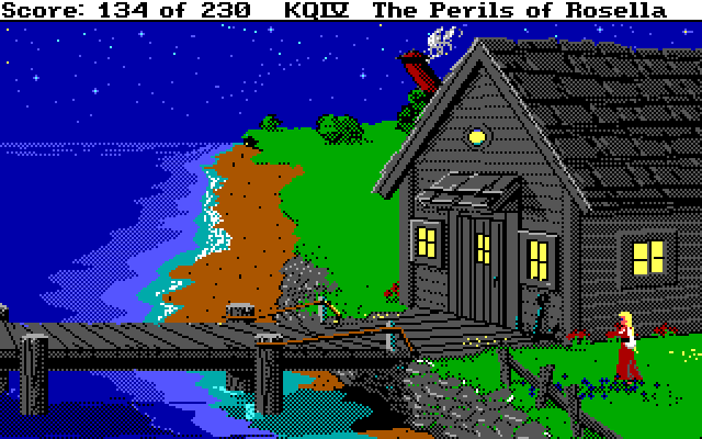 King's Quest IV: The Perils of Rosella IBM PC/Compatibles Screenshot: Outside the fisherman's house at night.