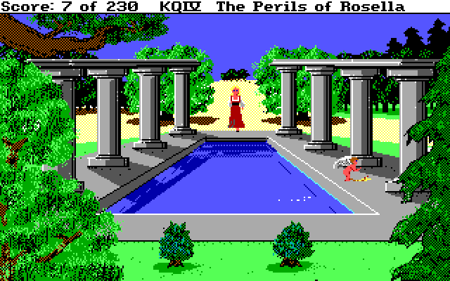 King's Quest IV: The Perils of Rosella IBM PC/Compatibles Screenshot: Cupid likes to hang out by this pool.