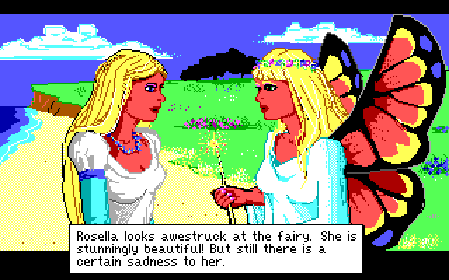 King's Quest IV: The Perils of Rosella IBM PC/Compatibles Screenshot: Rosella meets Genesta for the first time...