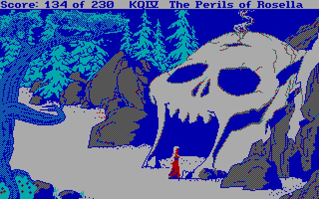 King's Quest IV: The Perils of Rosella IBM PC/Compatibles Screenshot: Outside a skull cave; is anyone in there?