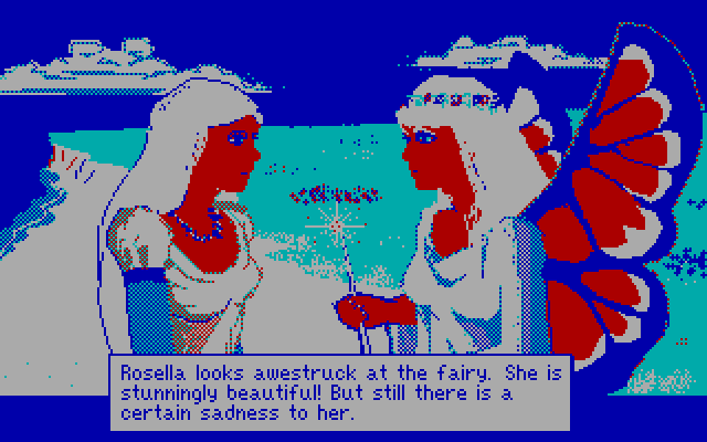 King's Quest IV: The Perils of Rosella IBM PC/Compatibles Screenshot: Rosella meets Genesta for the first time...