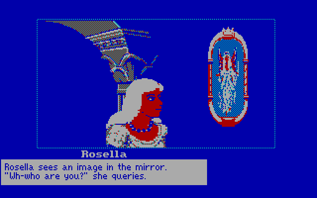 King's Quest IV: The Perils of Rosella IBM PC/Compatibles Screenshot: Rosella looks into the magic mirror...