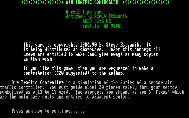 Air Traffic Controller IBM PC/Compatibles Screenshot: Title screen.