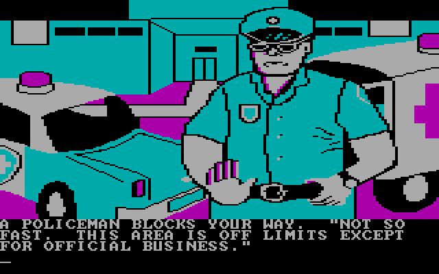 Amazon IBM PC/Compatibles Screenshot: A policeman stops you from entering the building...
