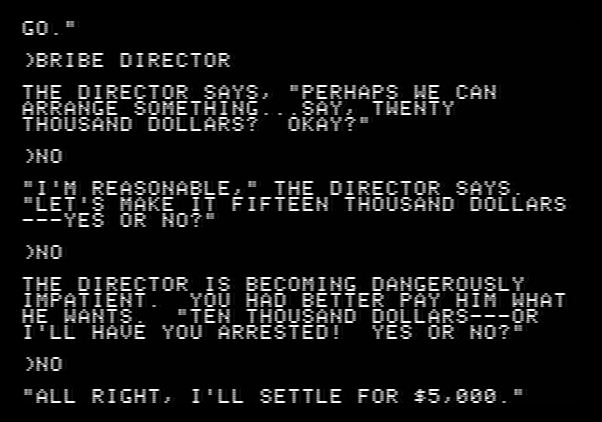 Amazon Apple II Screenshot: Bribing the institute director so I can keep Paco.