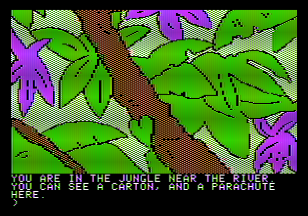 Amazon Apple II Screenshot: Let's see, I found where the supplies landed; anything useful in this crate?